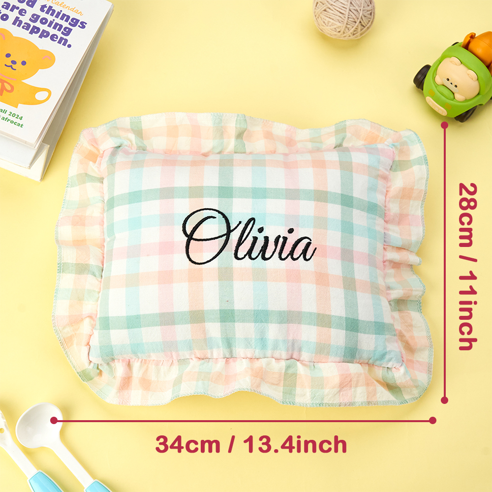 Almofada De Bebê Personalizada Com Bordado Xadrez - Almofada Estilo Nórdico Com Babados, Presente Para Chá De Bebê