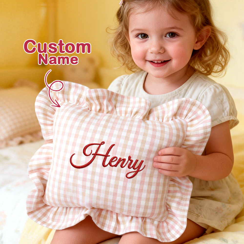 Almofada De Bebê Personalizada Com Bordado Xadrez - Almofada Estilo Nórdico Com Babados, Presente Para Chá De Bebê