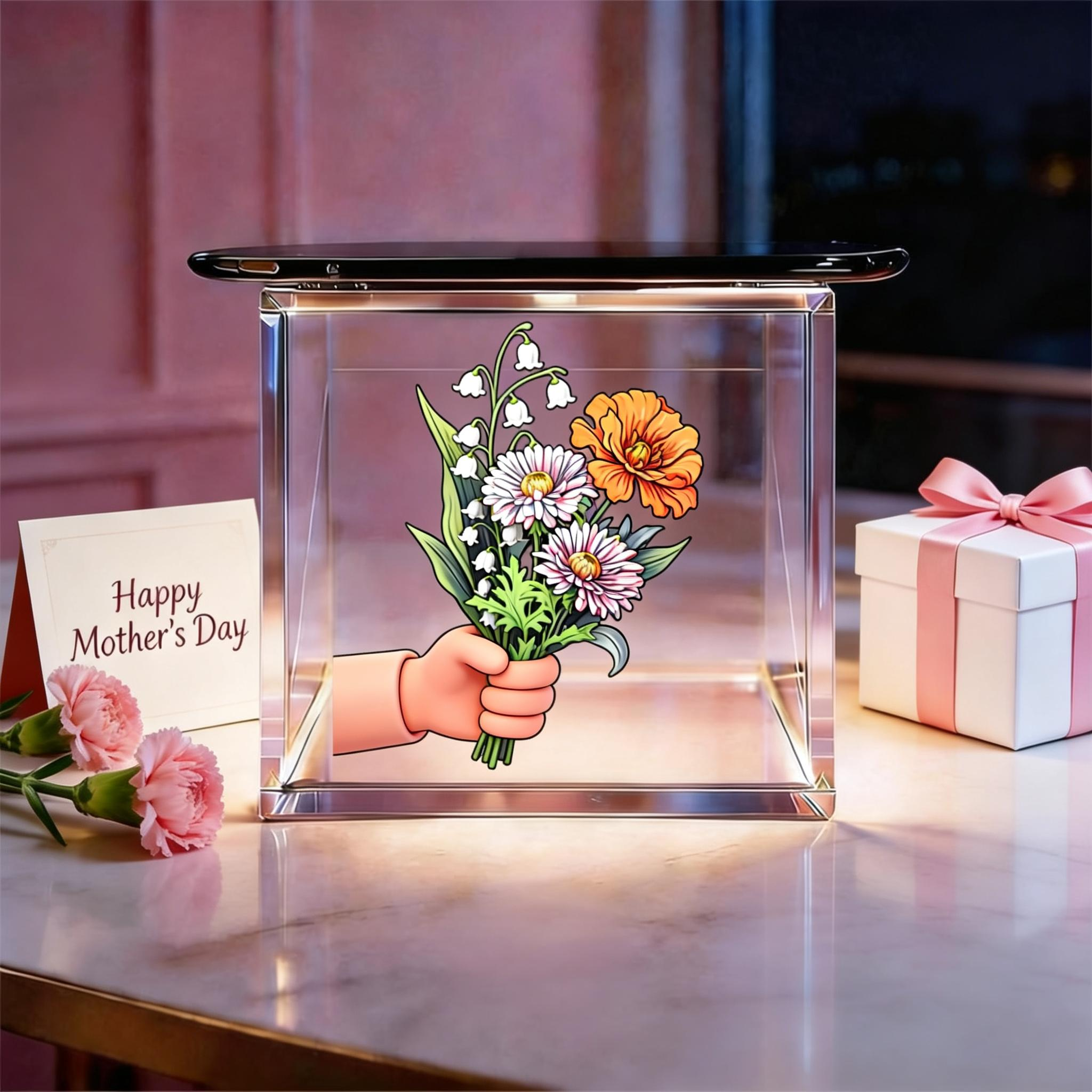 Caixa Luminosa Com Vídeo Holográfico Personalizado Da Flor De Nascimento, Buquê Personalizado Para O Dia Das Mães, Lembrança Brilhante
