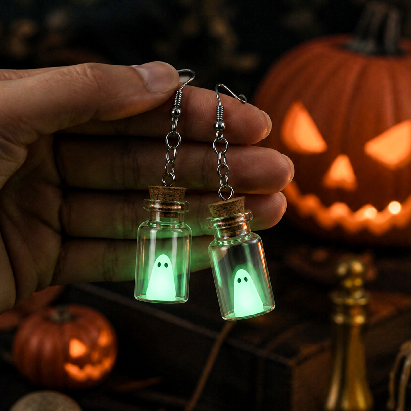Joias De Fantasma Em Garrafa Que Brilham No Escuro – Brincos E Colar De Halloween, Lindo Pingente De Fantasma De Vidro Em Miniatura - CustWitPT