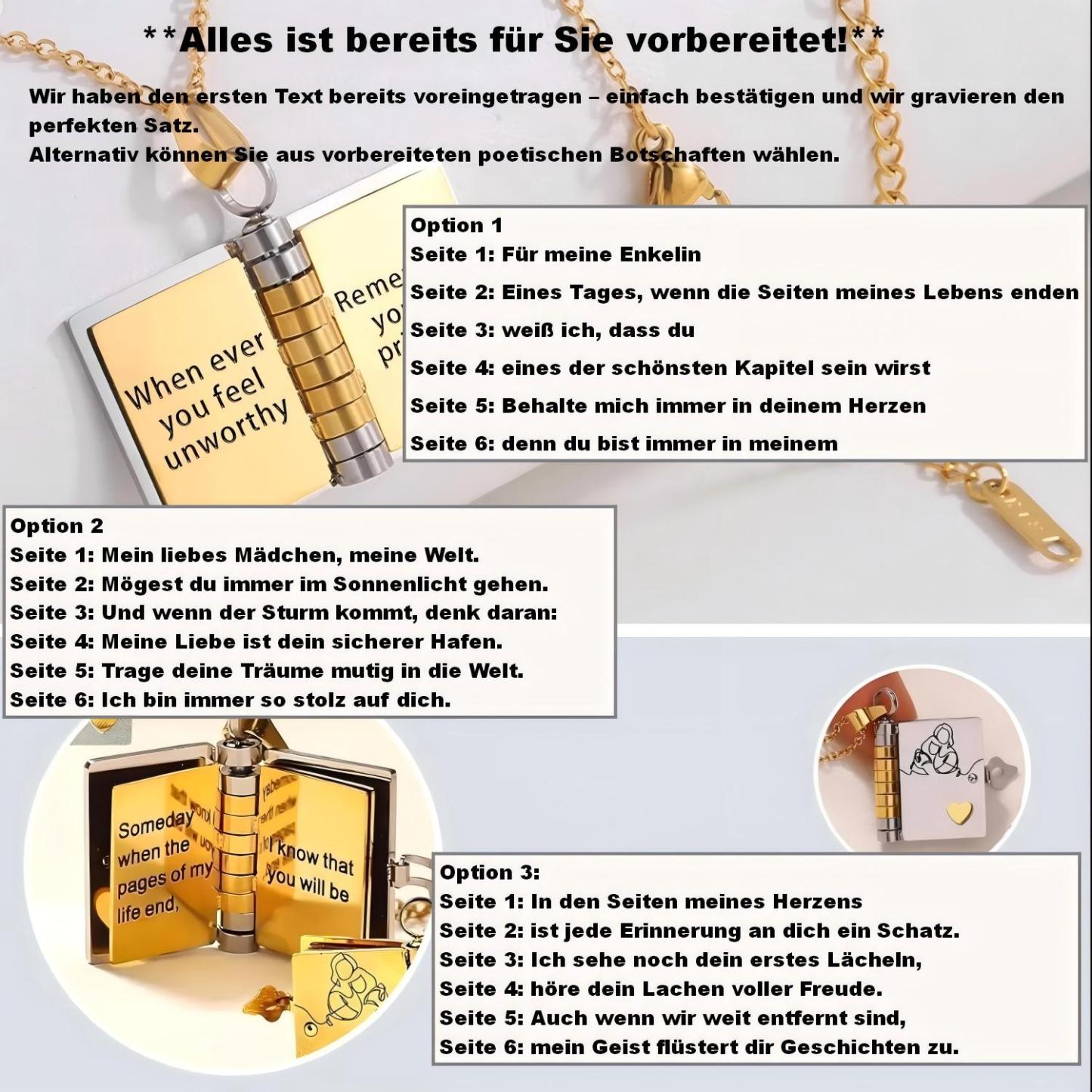 "Von Oma an Meine Enkelin" - Die persönliche Buch-Halskette mit 6 Liebesbotschaften