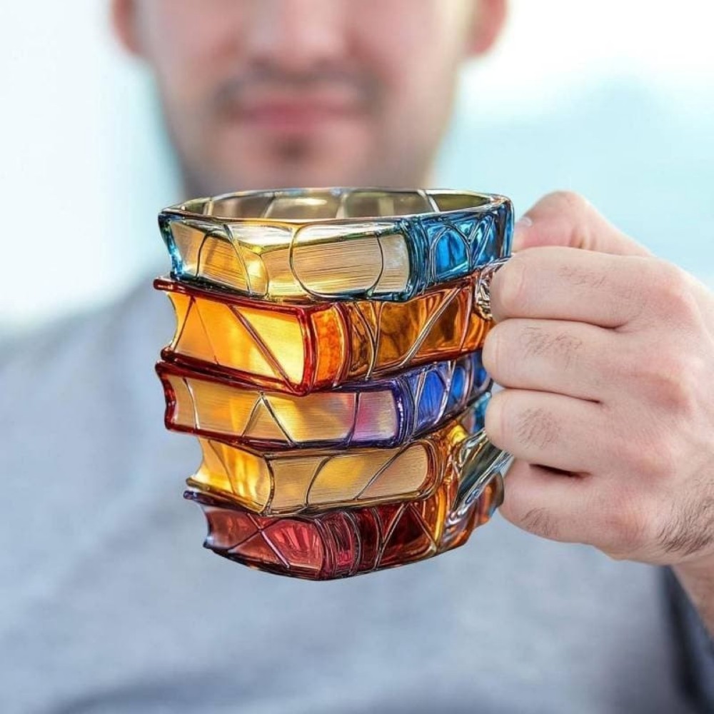 3D Bücher Kaffeetasse – Bunte Acryl Buchstapel Tasse | Originelles Geschenk für Leser, Autoren & Bibliothekare