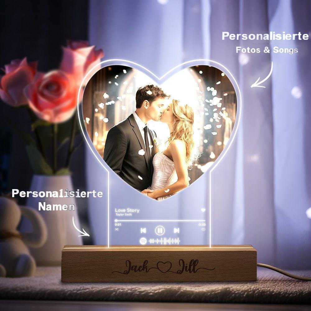 Personalisiertes Foto Herzförmige Acryllampe Individuelles Nachtlicht Mit Graviertem Holzsockel Geschenk Für Paare