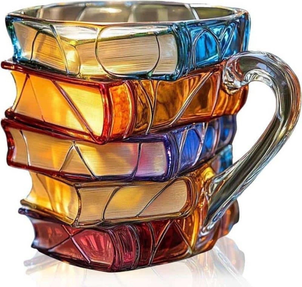 3D Bücher Kaffeetasse – Bunte Acryl Buchstapel Tasse | Originelles Geschenk für Leser, Autoren & Bibliothekare