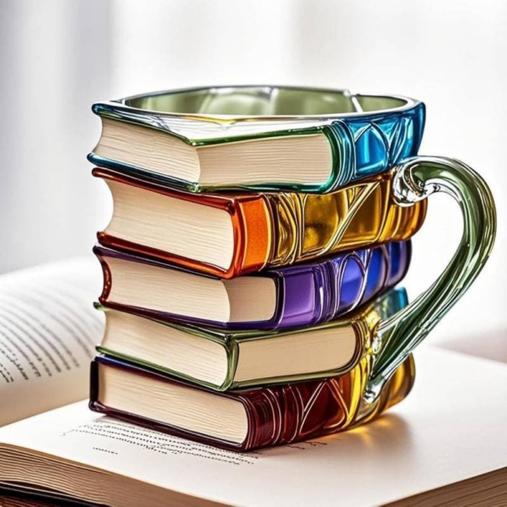 3D Bücher Kaffeetasse – Bunte Acryl Buchstapel Tasse | Originelles Geschenk für Leser, Autoren & Bibliothekare