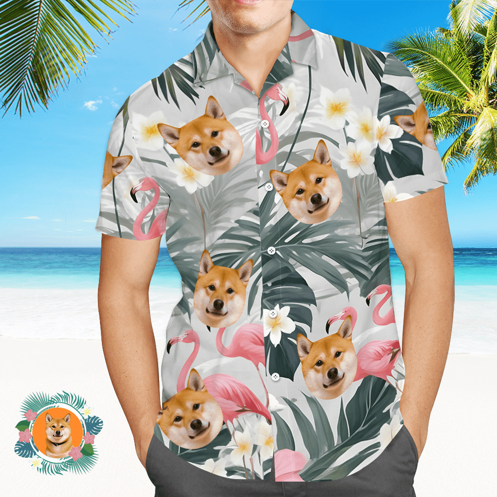 Benutzerdefinierte Gesicht All Over Print Herren Hawaiihemd Flamingo Rosa Blumen Und Blätter - CustWitDE