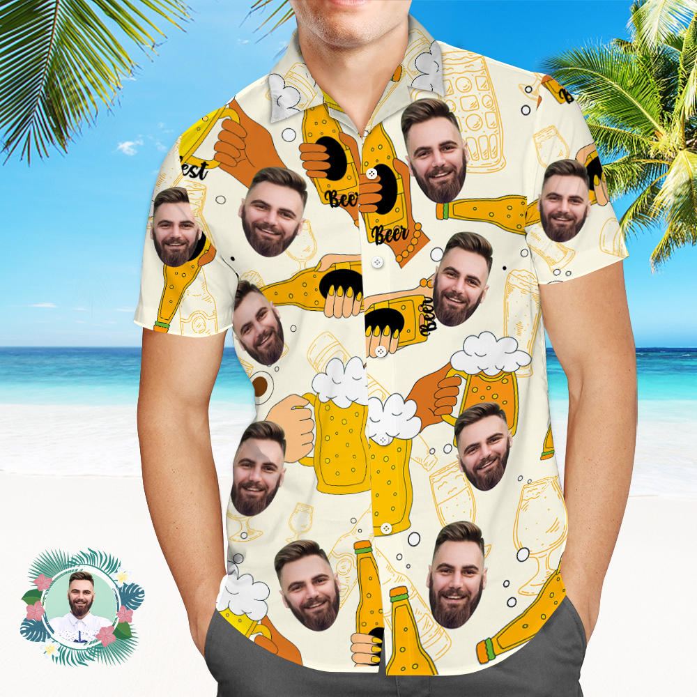 Personalisiertes Bier Hawaiihemd Für Männer, Personalisierte Party-gruppe Hawaiihemden Mit Gesicht, Personalisiertes Lustiges Gesichtshemd Für Herren, Bierhemden - CustWitDE