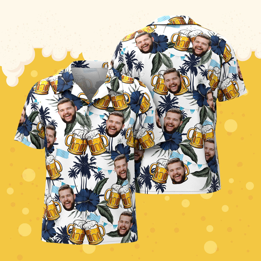 Bierkrug Mit Individuellem Gesicht Und Tropischem Hibiskus-shirt, Personalisiertes Party-shirt Für Bierliebhaber, Grillabende Und Strandurlaube - CustWitDE