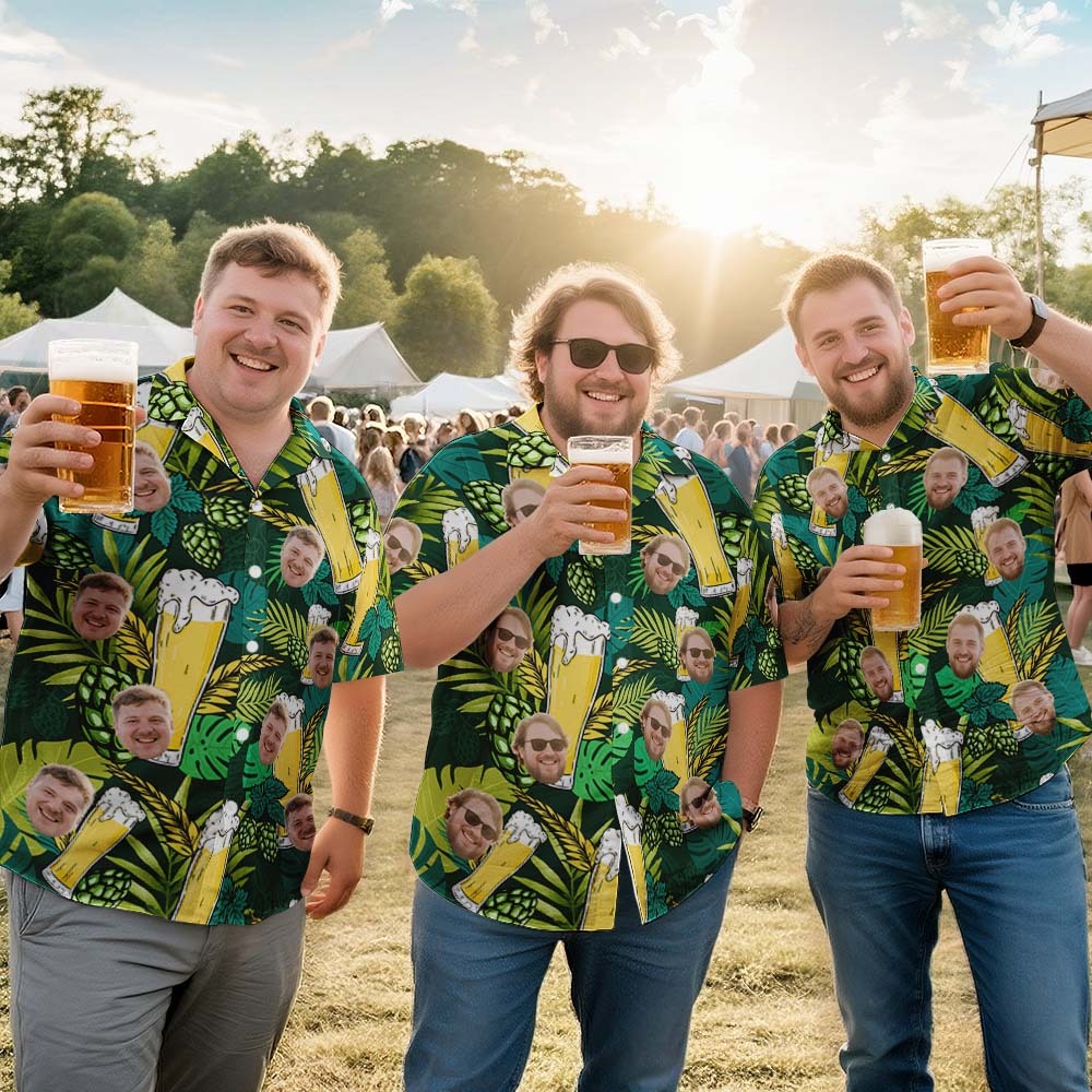 Benutzerdefiniertes Gesicht Tropical Lager Leaf Hawaiihemd Lustiges Personalisiertes Bierhemd Für Bierliebhaber, Sommergrillen, Camping - CustWitDE