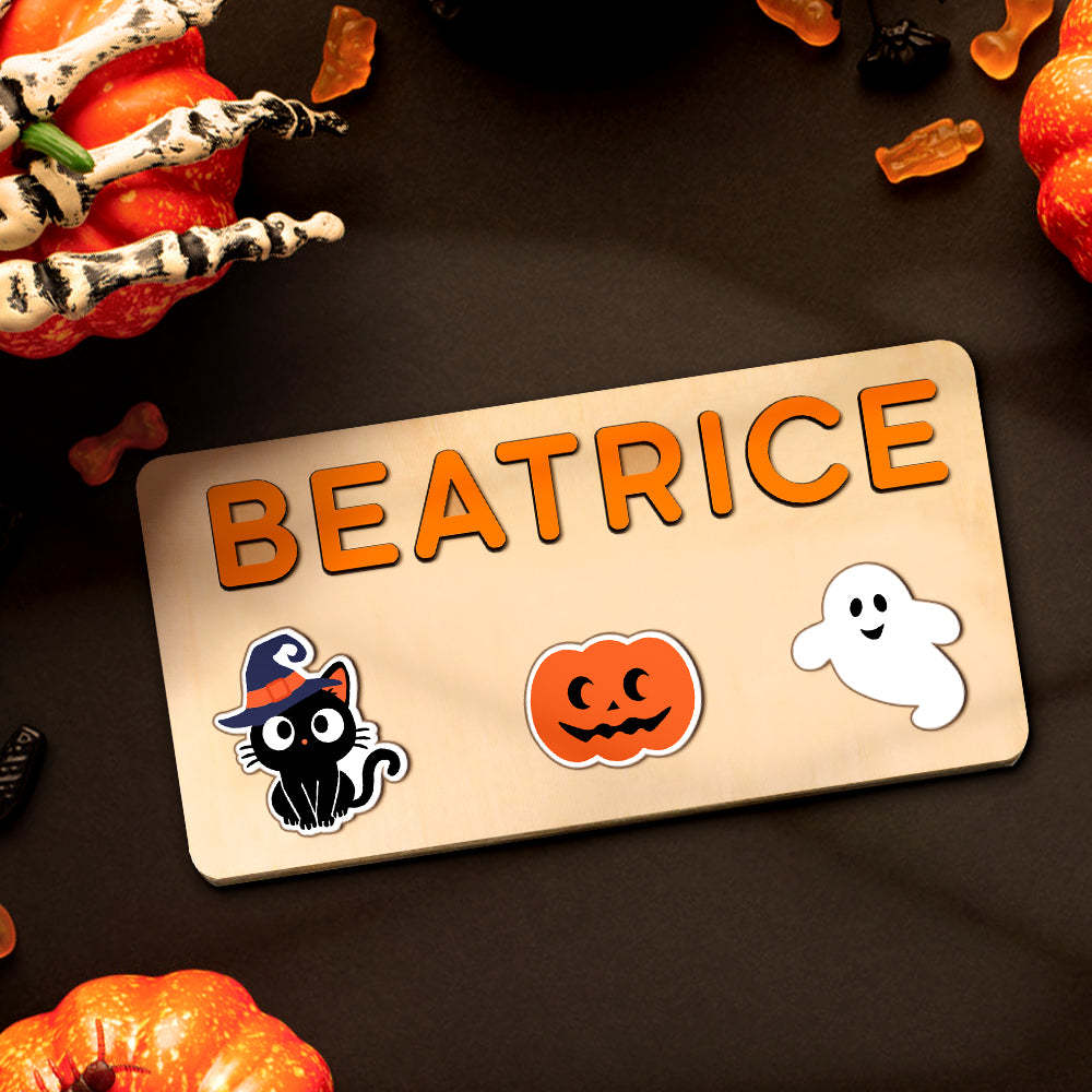 Personalisiertes Halloween-namenspuzzle Aus Holz – Montessori-spielzeug, Geschenk Für Babys - CustWitDE