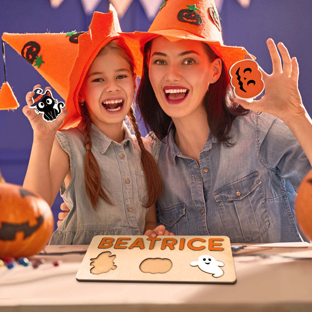Personalisiertes Halloween-namenspuzzle Aus Holz – Montessori-spielzeug, Geschenk Für Babys - CustWitDE