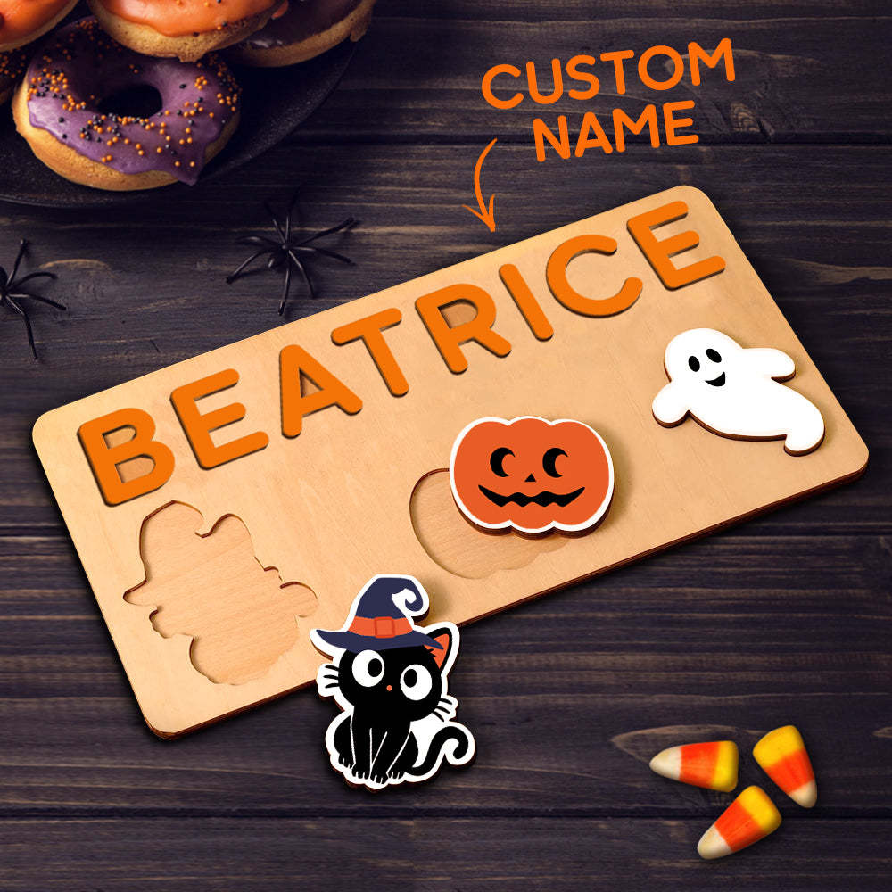 Personalisiertes Halloween-namenspuzzle Aus Holz – Montessori-spielzeug, Geschenk Für Babys - CustWitDE