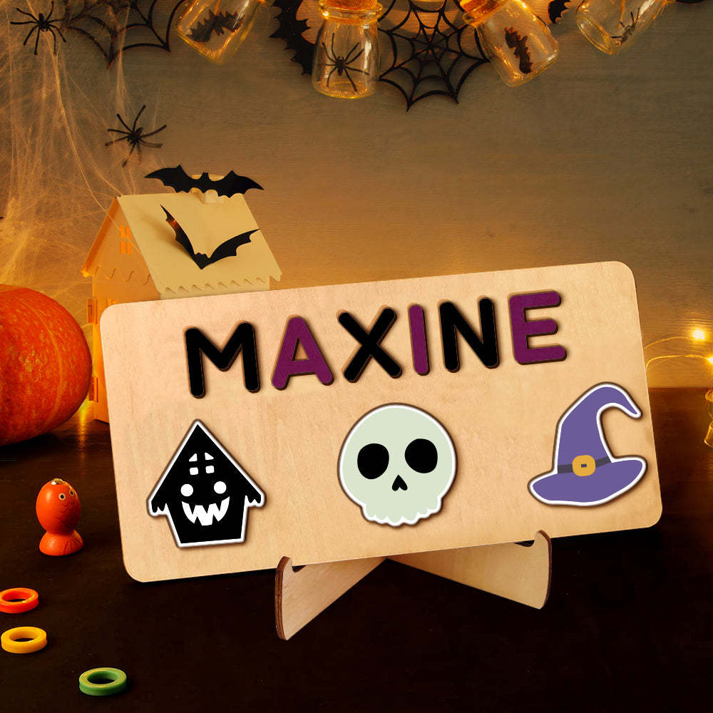 Personalisiertes Halloween-namenspuzzle Aus Holz – Montessori-spielzeug, Geschenk Für Babys - CustWitDE