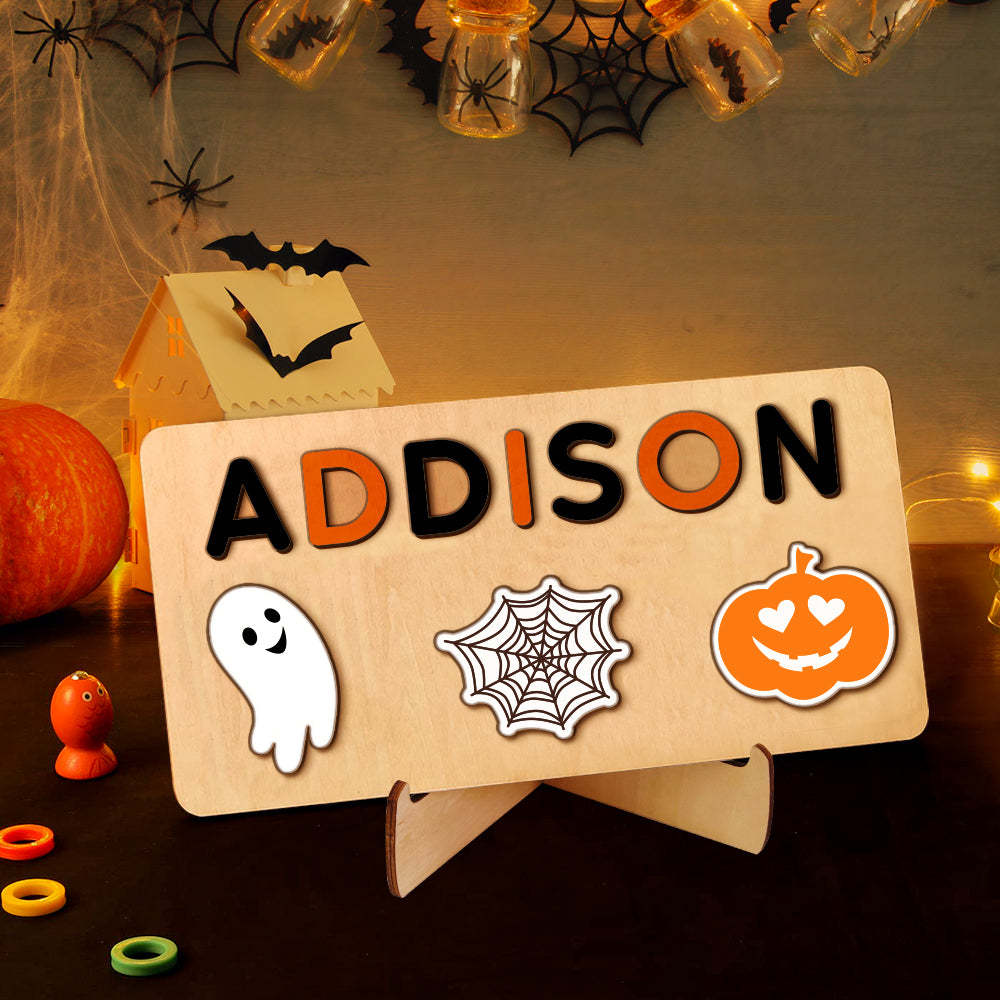Personalisiertes Halloween-namenspuzzle Aus Holz – Montessori-spielzeug, Geschenk Für Babys - CustWitDE