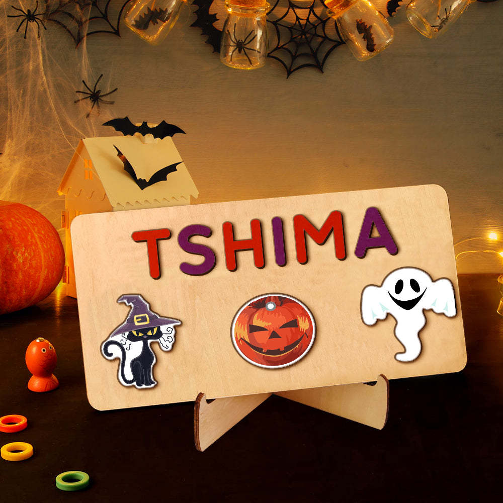 Personalisiertes Halloween-namenspuzzle Aus Holz – Montessori-spielzeug, Geschenk Für Babys - CustWitDE