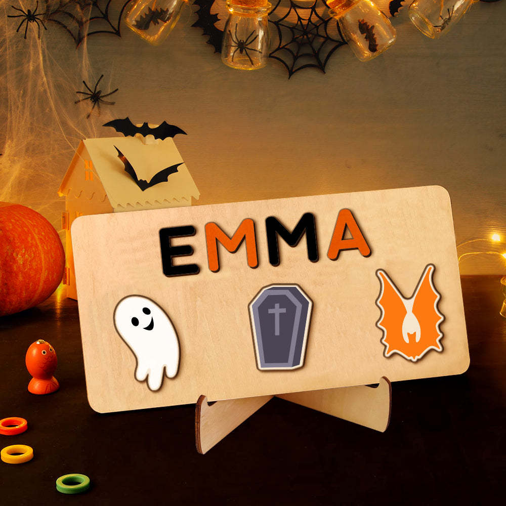 Personalisiertes Halloween-namenspuzzle Aus Holz – Montessori-spielzeug, Geschenk Für Babys - CustWitDE