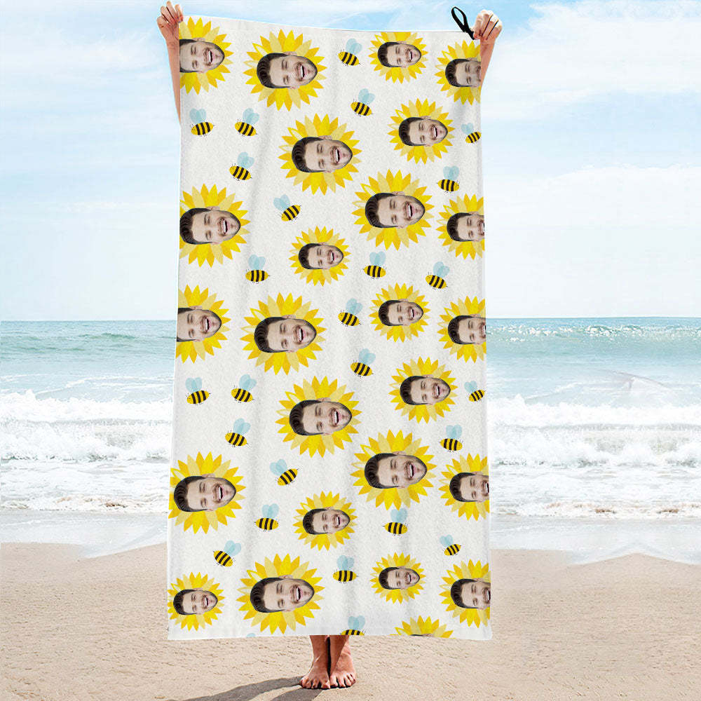 Benutzerdefinierte Gesicht Weiß Sonnenblume Strandtuch Personalisierte Foto Strandtuch Lustiges Geschenk - CustWitDE