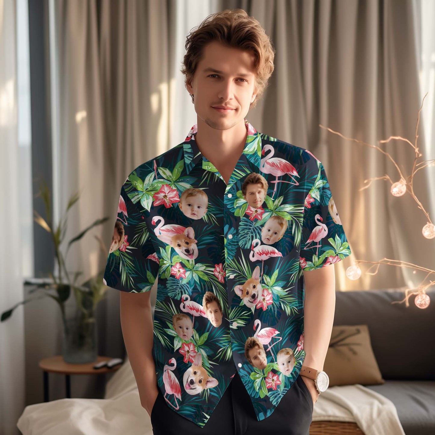 Benutzerdefinierte Gesicht Hawaiian Shirt Personalisierte Herren Foto Flamingo Blume Urlaub Party Geschenke - Bis Zu 3 Gesichter - CustWitDE