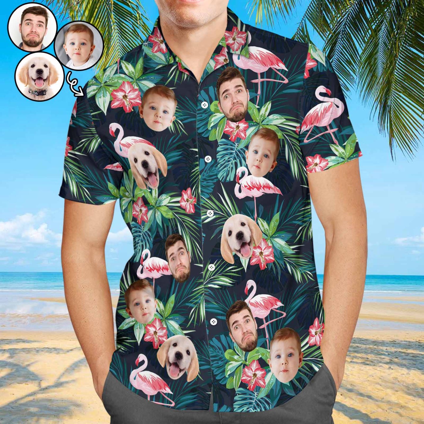 Benutzerdefinierte Gesicht Hawaiian Shirt Personalisierte Herren Foto Flamingo Blume Urlaub Party Geschenke - Bis Zu 3 Gesichter - CustWitDE