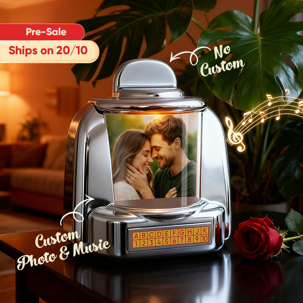 (Pre-Sale, Ships on 20/10)Custom Jukebox Retro Speaker – Personalized Photo,Names & Date Music Mini Player with Radio | Vintage Tabletop Home Decor Nostalgic Gift