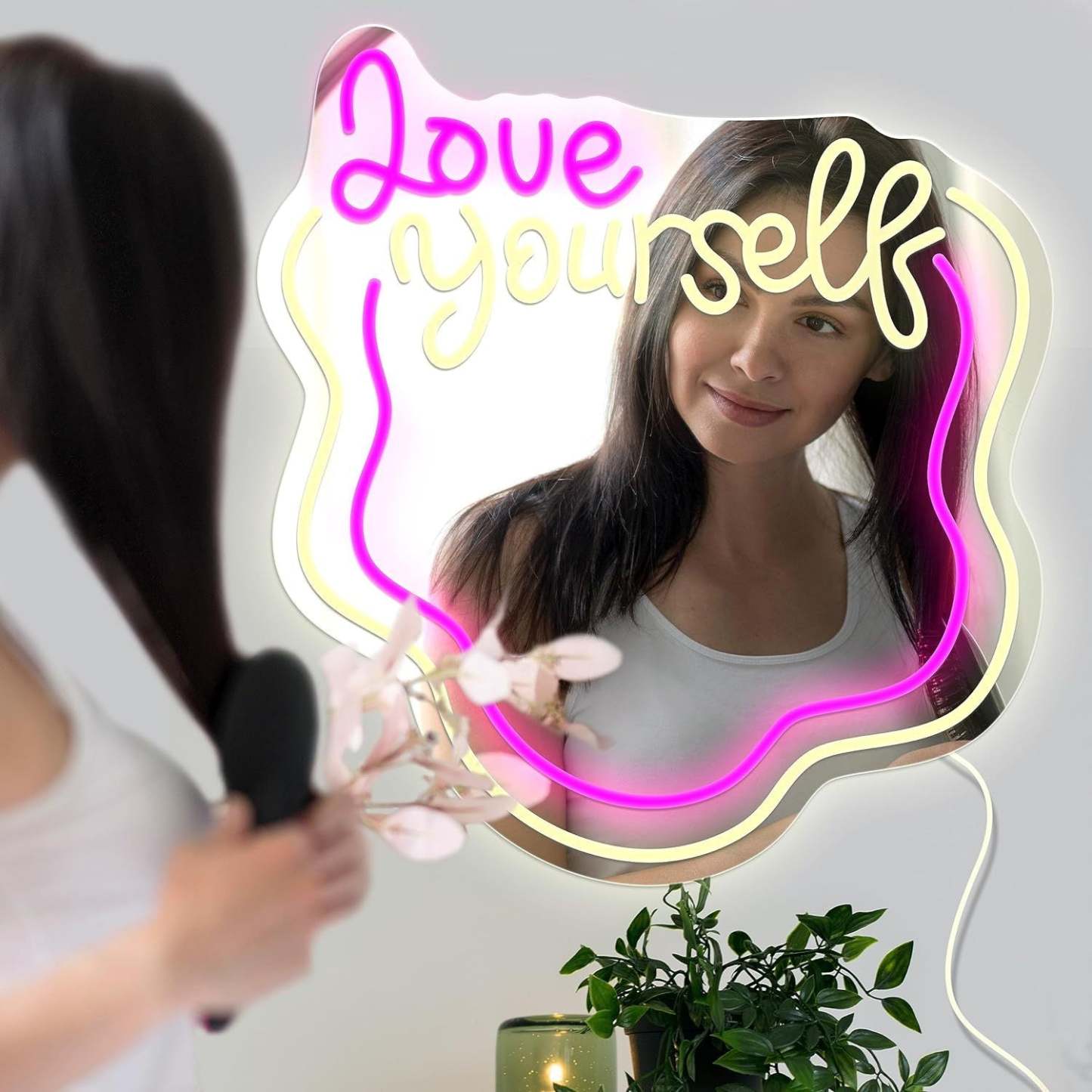 Valentinstagsverkauf Love Yourself Spiegellicht Für Die Wand, Gewellter Neonspiegel, Led-dimmbares Licht, Geschenk Für Sie - CustWitDE