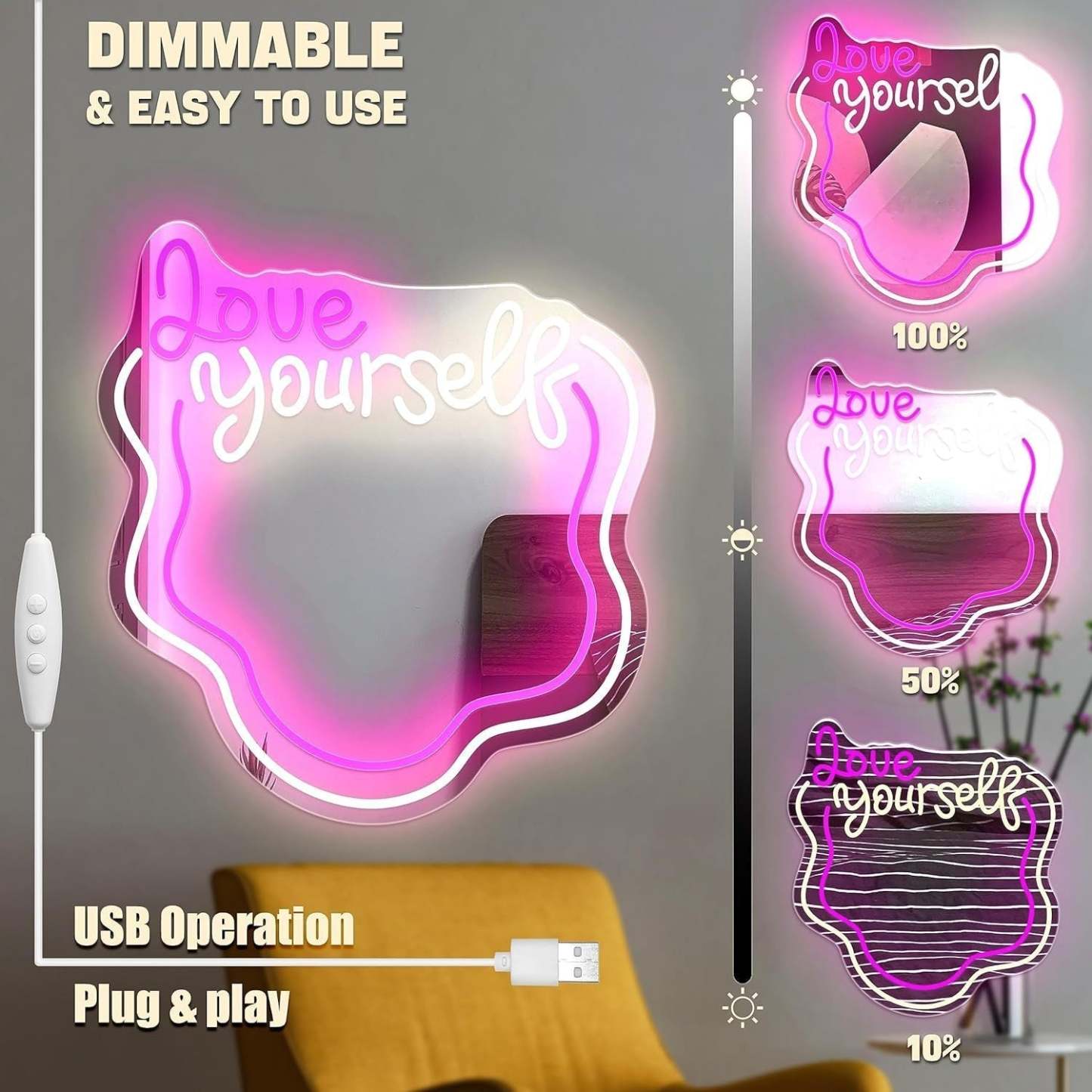 Valentinstagsverkauf Love Yourself Spiegellicht Für Die Wand, Gewellter Neonspiegel, Led-dimmbares Licht, Geschenk Für Sie - CustWitDE