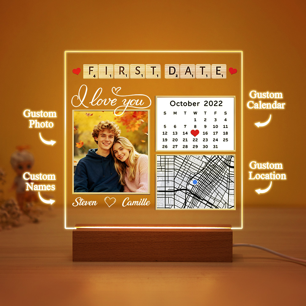 Custom First Date Night Light Personalized Photo Acrytic Lamp Unique Anniversary Gift for Couples, Wedding Keepsake