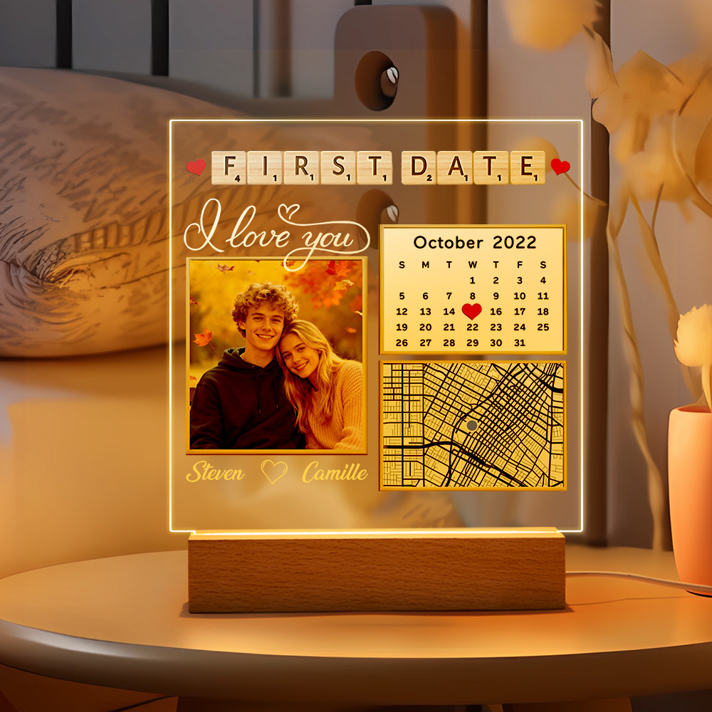 Custom First Date Night Light Personalized Photo Acrytic Lamp Unique Anniversary Gift for Couples, Wedding Keepsake