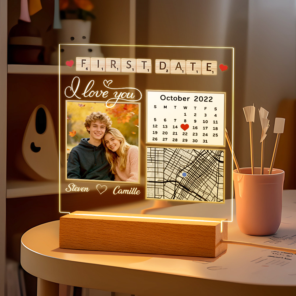 Custom First Date Night Light Personalized Photo Acrytic Lamp Unique Anniversary Gift for Couples, Wedding Keepsake