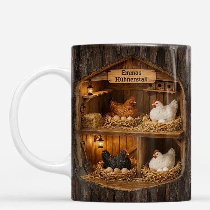 Hühnerstall - Personalisierbares Geschenk & 3D Baumstamm Hühnerstall Kaffeetasse [3D-Druck-Effekt]