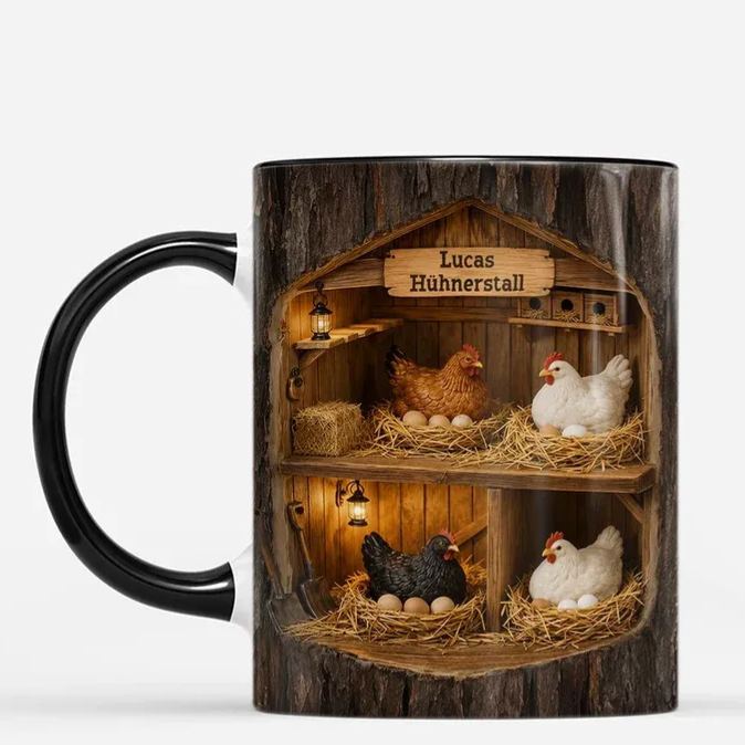 Hühnerstall - Personalisierbares Geschenk & 3D Baumstamm Hühnerstall Kaffeetasse [3D-Druck-Effekt]