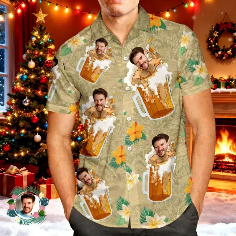 Personalisiertes Hawaiihemd mit Gesicht – Hawaiihemd mit Bier-Motiv im tropischen Stil