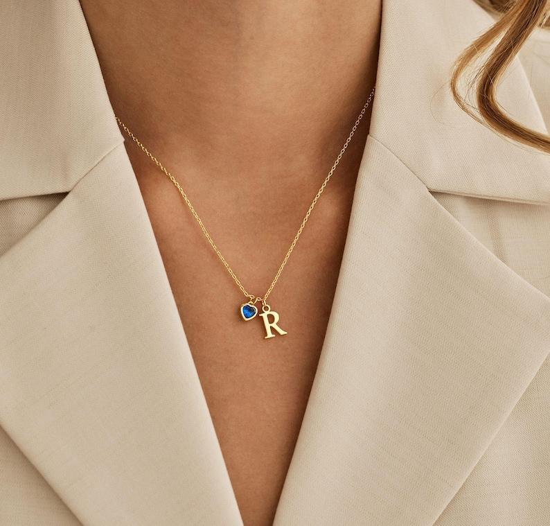 Collier Personnalisé Avec Pierre De Naissance En Forme De Cœur Et Lettre, Cadeau D'anniversaire Ou De Noël Pour Elle