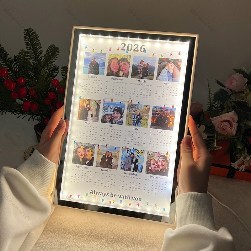 Custom 2026 Photo Calendar Mirror Light, Unique Anniversary, Christmas & Couples Gift