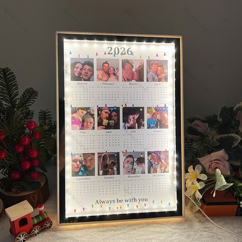 Custom 2026 Photo Calendar Mirror Light, Unique Anniversary, Christmas & Couples Gift