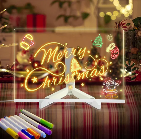 Tableau D'écriture Led Magique De Noël - Veilleuse Lumineuse En Acrylique Pour Messages Et Dessins, Avec Stylos 7 Couleurs, Alimentation Usb