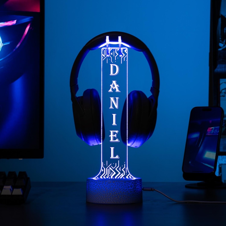 Support De Casque Audio Led Personnalisé Avec Nom, Présentoir De Casque Sur Mesure, Organisateur De Bureau Pour Gamer, Cadeau Unique Pour Petit Ami Ou Ado Gamer