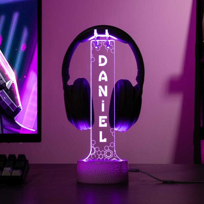 Personalized Name LED Headphone Stand, Custom Headphone Display, Gamer Desk Organizer, Unique Gift for Boyfriend or Teen Gamer