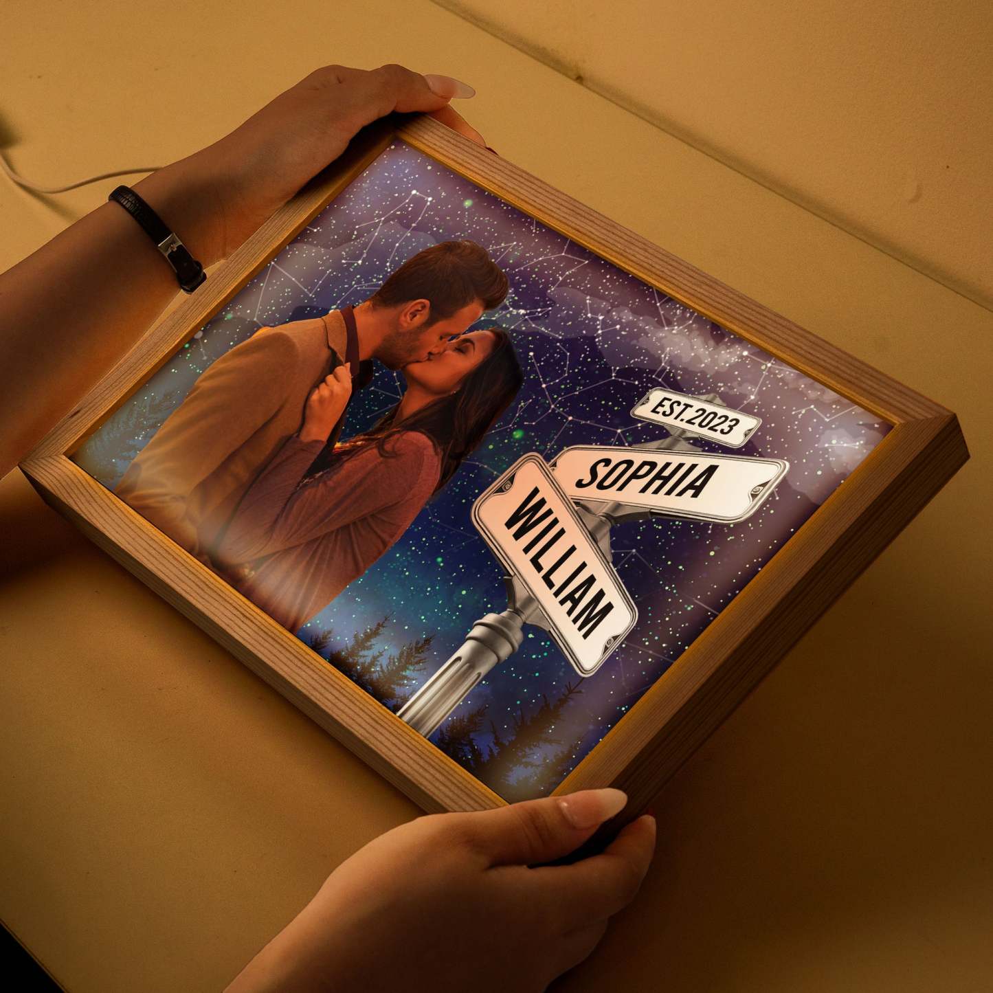 Panneau De Rue Avec Carte Du Ciel Et Nom Personnalisé - Cadre Photo Lumineux Personnalisé