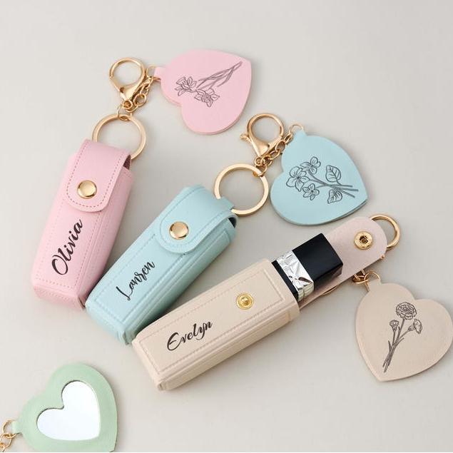Étui À Rouge À Lèvres Personnalisé Avec Miroir Et Fleur De Naissance – Mini Porte-rouge À Lèvres Personnalisé Avec Nom, Pochette À Maquillage Porte-clés, Cadeau Attentionné Pour Elle