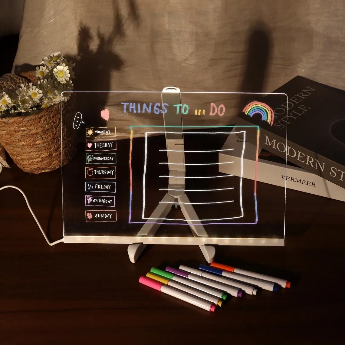 Tableau Lumineux Led Magique De Noël - Veilleuse En Acrylique Pour Messages Et Dessins Avec 7 Feutres De Couleur Et Support, Alimentation USB