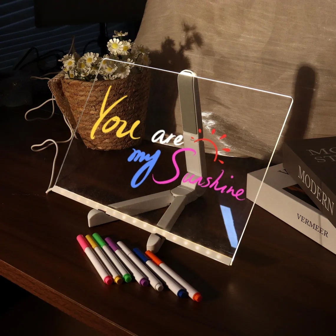Tableau Lumineux Led Magique De Noël - Veilleuse En Acrylique Pour Messages Et Dessins Avec 7 Feutres De Couleur Et Support, Alimentation USB