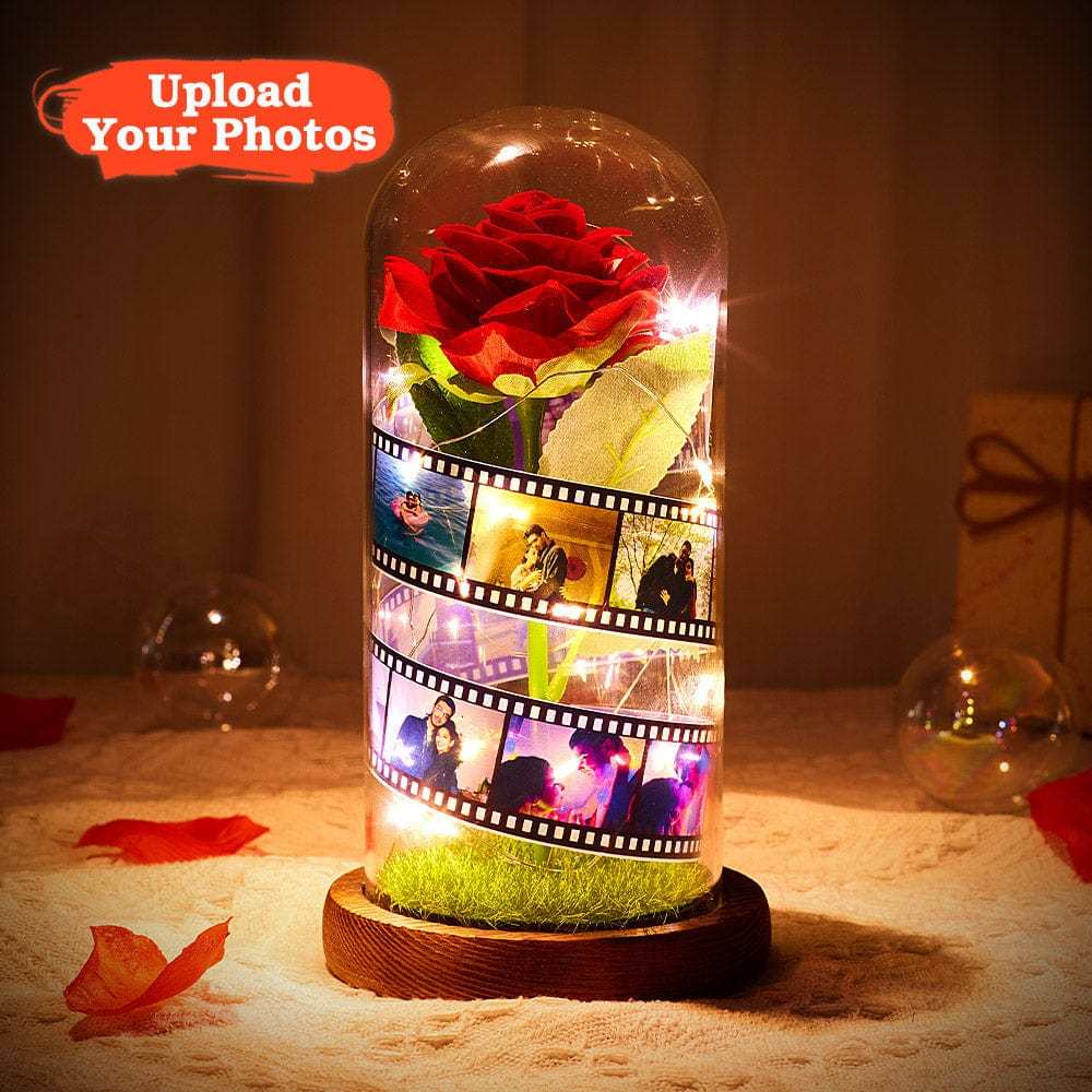 Cadeau De Saint-valentin Personnalisé : Rose Dans Un Dôme En Verre, Lampe Led, Rouleau De Film, Cadeau Pour Anniversaire - CustWitFR