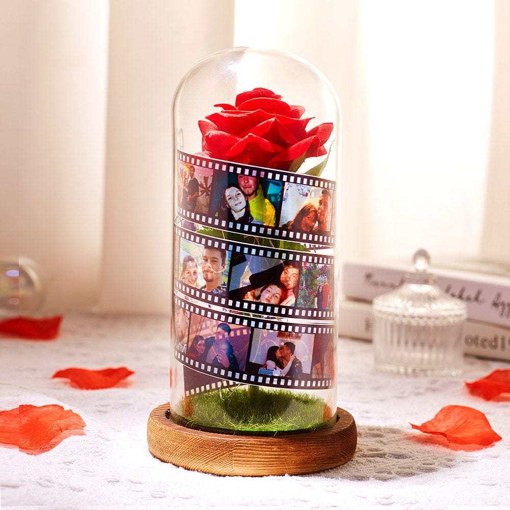 Cadeau De Saint-valentin Personnalisé : Rose Dans Un Dôme En Verre, Lampe Led, Rouleau De Film, Cadeau Pour Anniversaire - CustWitFR