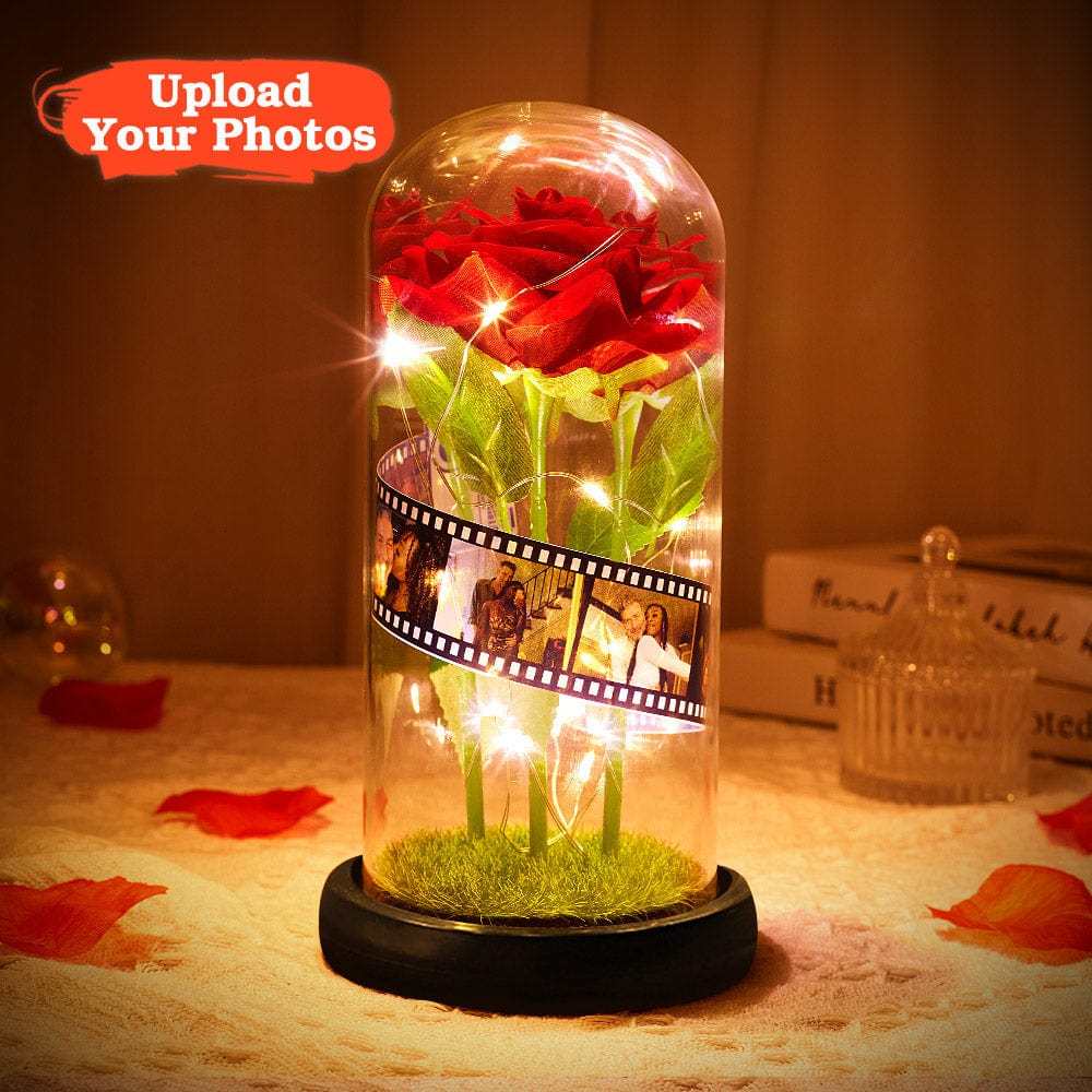 Cadeau De Saint-valentin Personnalisé : Rose Dans Un Dôme En Verre, Lampe Led, Rouleau De Film, Cadeau Pour Anniversaire - CustWitFR