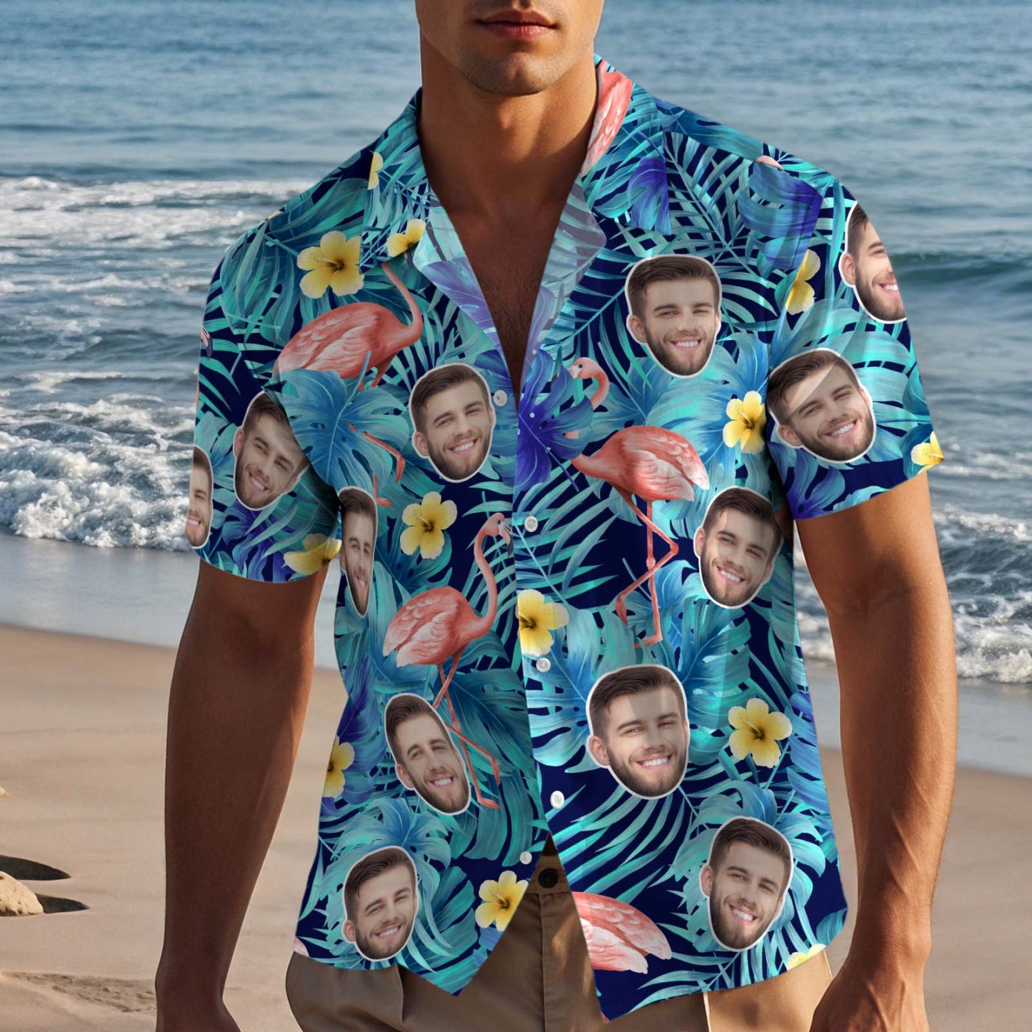 Chemise Hawaïenne Personnalisée Avec Imprimé Flamant Rose, Chemise De Plage Aloha, Chemise Boutonnée Décontractée Pour Homme - Bleu - CustWitFR
