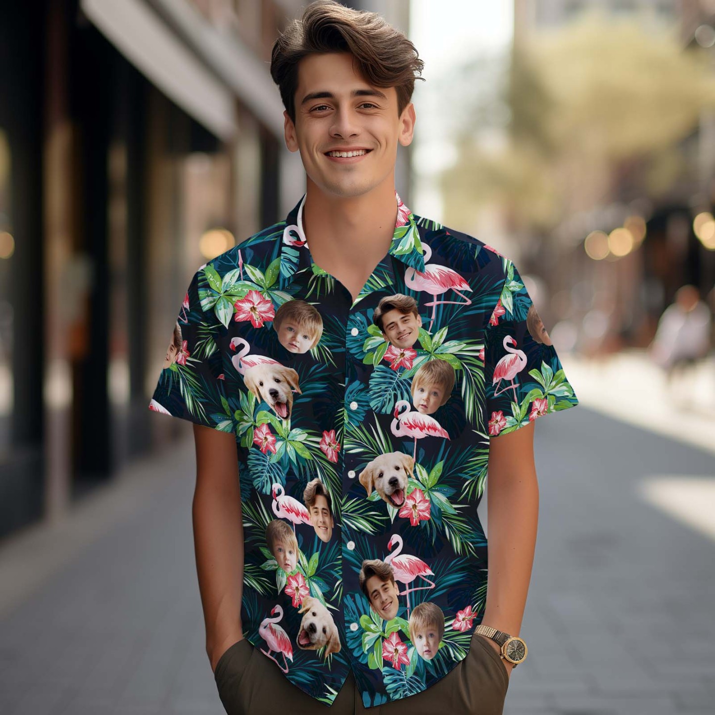 Chemise Hawaïenne Personnalisée Avec Photo Pour Homme, Motif Flamant Rose, Cadeau De Fête, Jusqu'à 3 Visages - CustWitFR