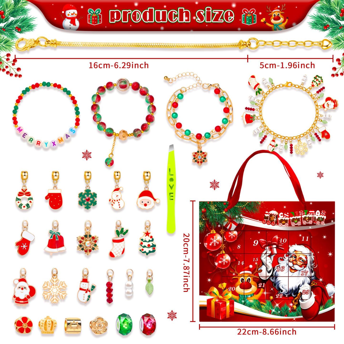 Boîte Aveugle De Noël, Ensemble De Bracelets De Perles Faits À La Main Pour Enfants, Boîte Aveugle De 24 Puzzles De Noël, Boîte Cadeau De Bijoux De Bracelet