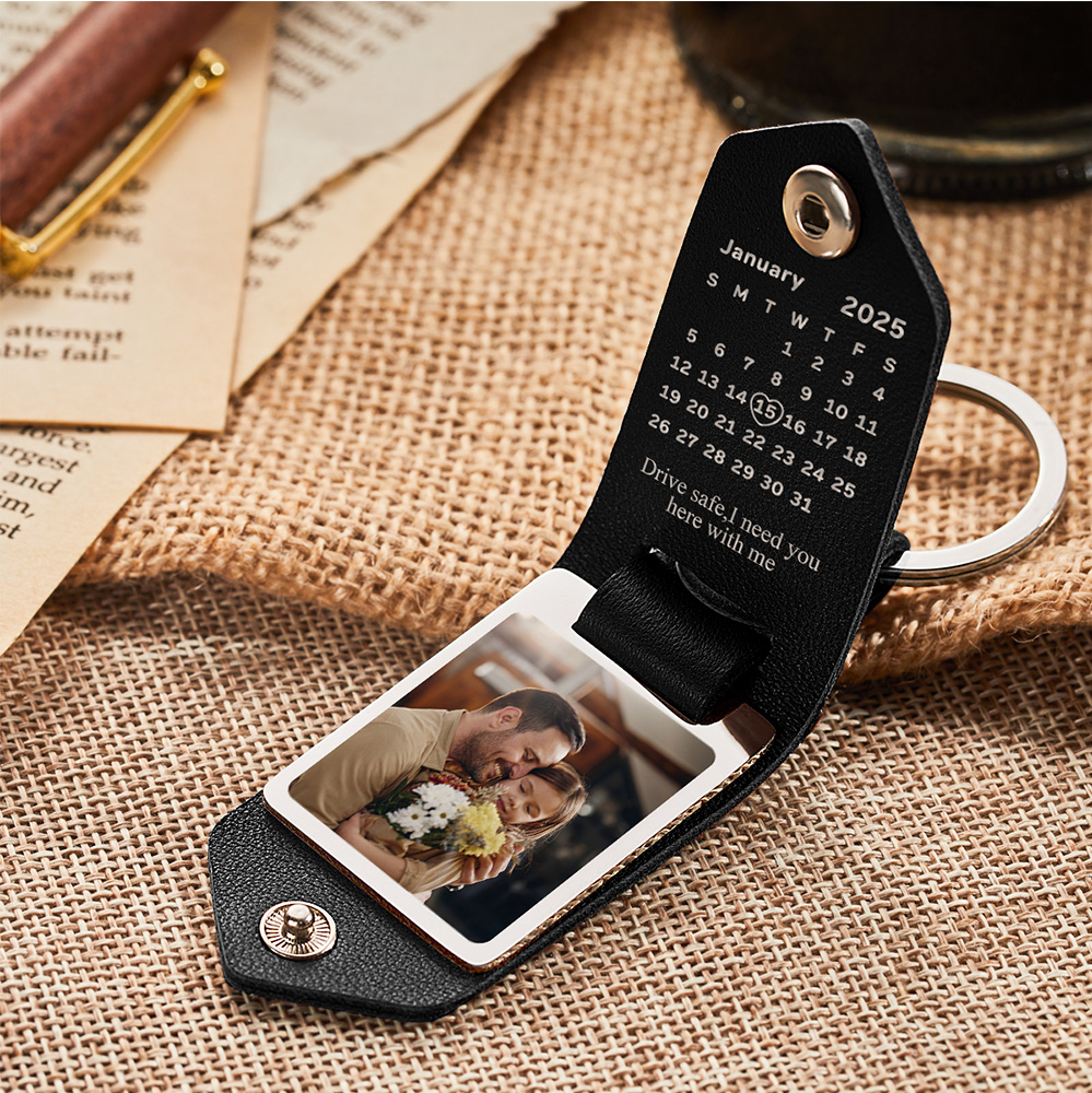 Porte-clés photo en cuir personnalisé avec texte, cadeau pour la fête des Pères