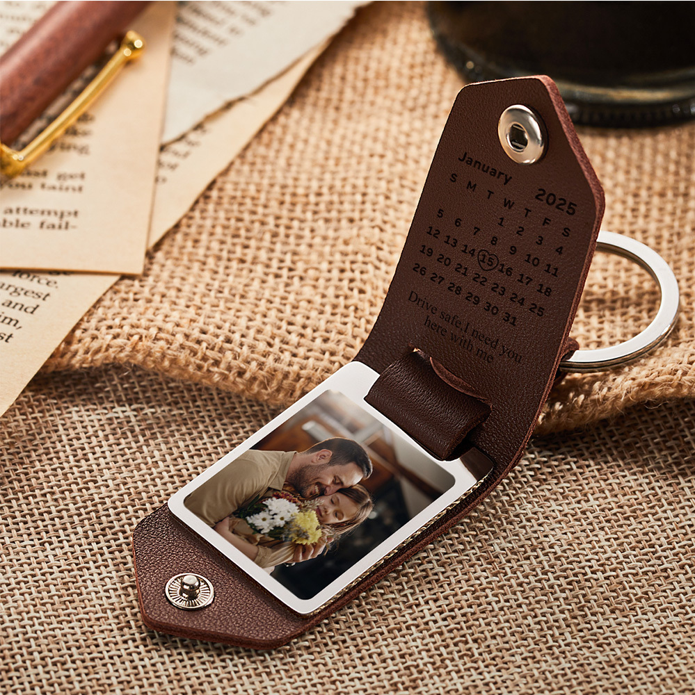 Custom Photo Leather Keychain With Text Father's Day Gift